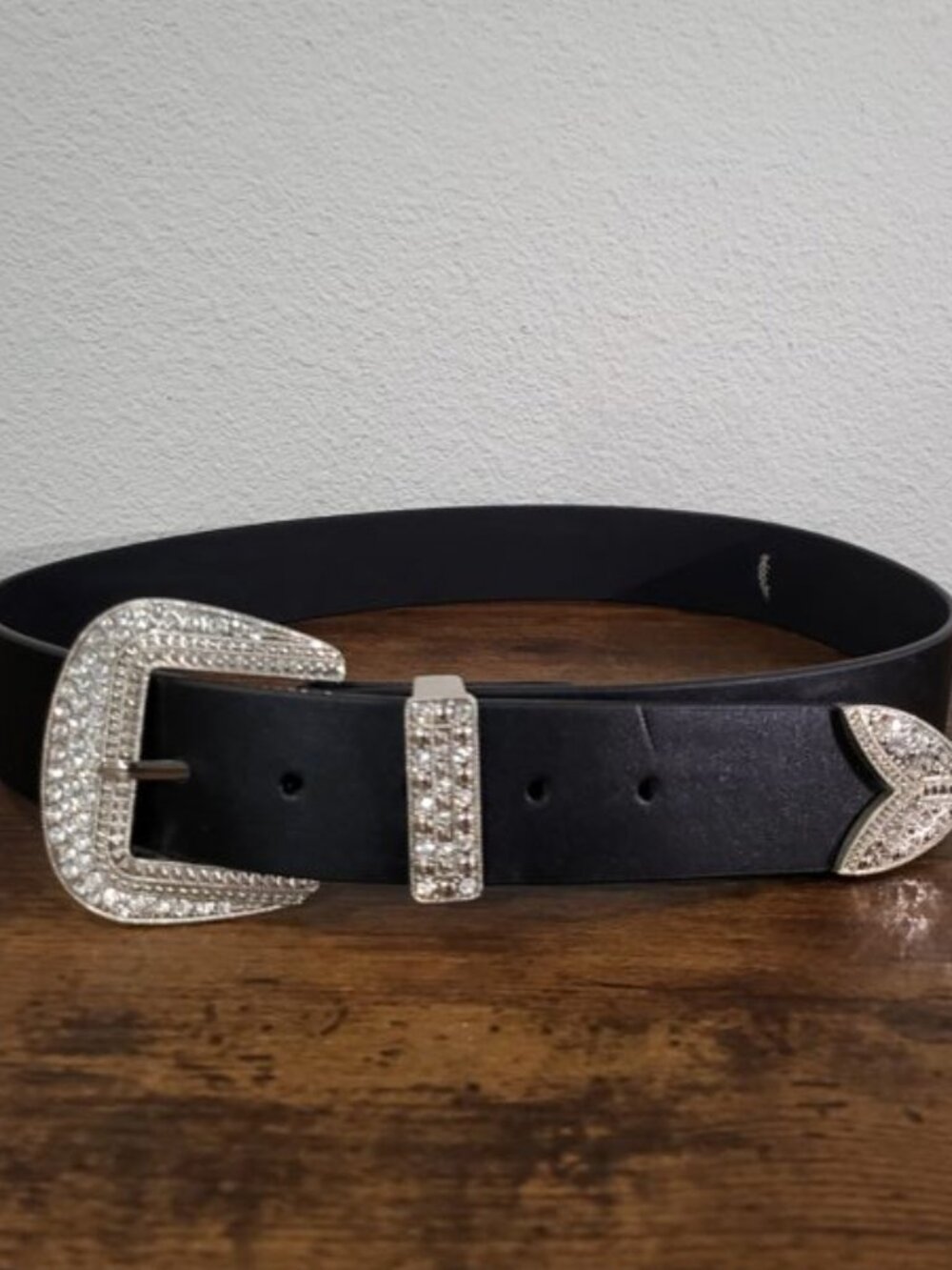 Black Western Belt Rhinestone Silver Buckle Keeper Tip Set Bling Size S